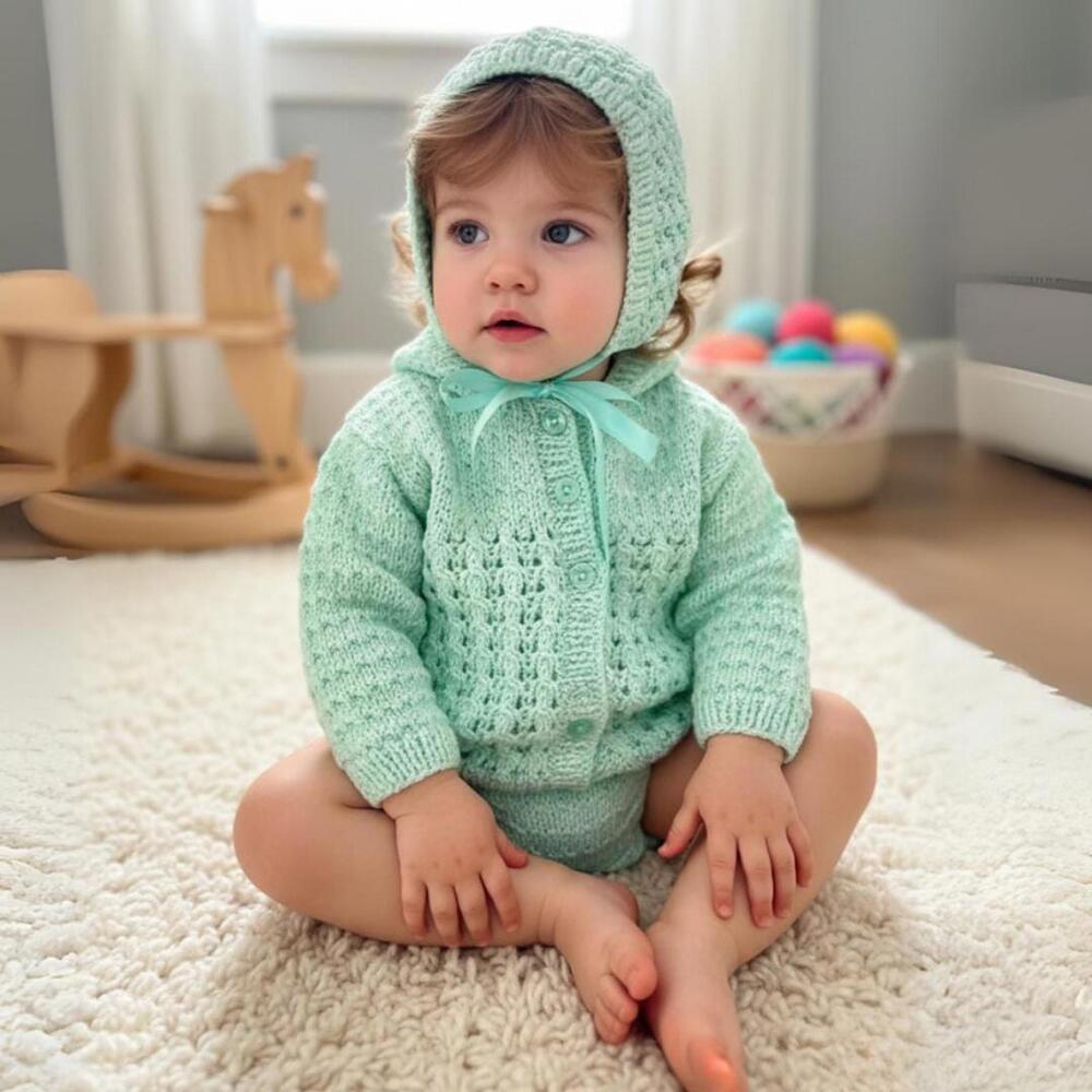 Green Baby Sweater and Bonnet Set Handmade